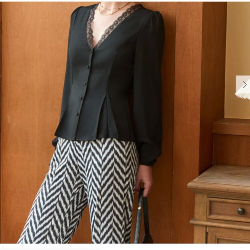 The Black V Neck Lace Trim Button Blouse